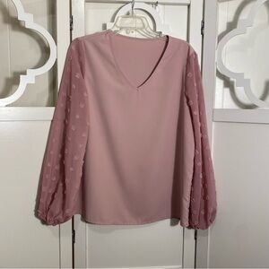 Pink Long Sleeve Elegant Blouse With Sheer Puff Sleeves Size Large Boture SHEIN